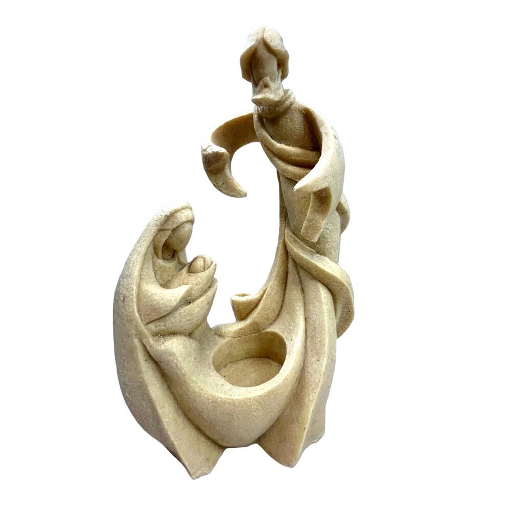 SKU2184 Holy Family Nativity Tea Light Candle Holder Mary Jesus Joseph Sandstone